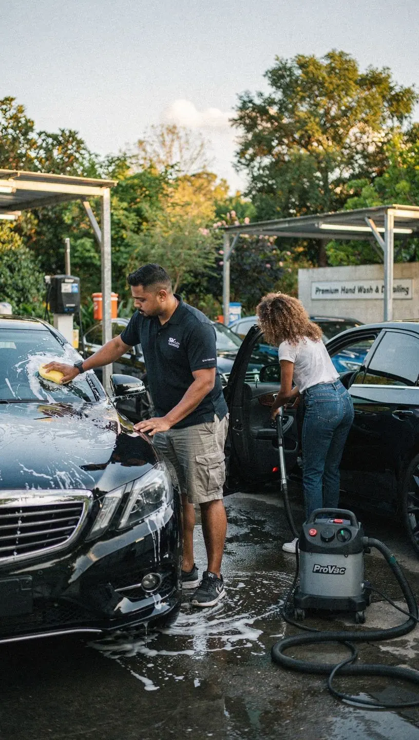 Luxusné auto počas profesionálneho leštenia a detailingu v svetlom a čistej dielni.